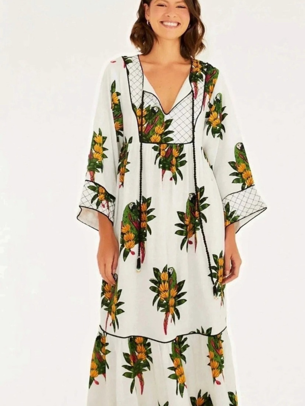 FARM Rio Green Forest Parrots Long Sleeve Midi Dress